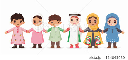 Children in Middle Eastern Traditional Attire Holding Hands - Unity and Cultural Diversity Concept. International Children's Day 114843080