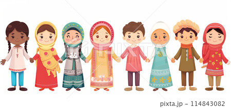 Illustration of children from diverse cultures holding hands, dressed in traditional clothing. 114843082