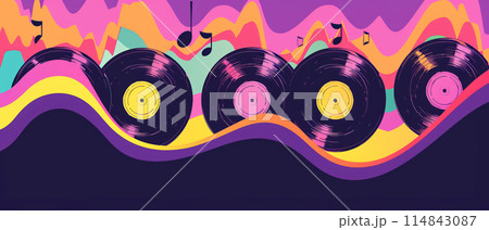 Colorful abstract banner with vinyl records and musical notes. Retro music concept, vibrant colors, and wavy lines. 114843087