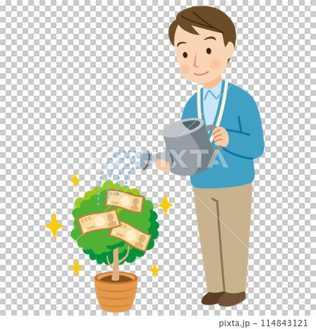 A man watering a money tree, asset management, money A man watering a money tree, asset management, money 114843121
