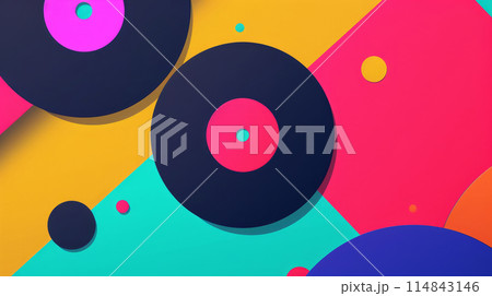 Abstract geometric background with colorful vinyl records in vibrant colors and patterns 114843146