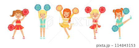 Dance of Cheerleader Girl Character in Uniform with Pompom Vector Set 114843153