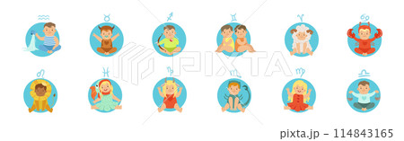 Zodiac Icon and Horoscope Signs with Baby Character Vector Set 114843165
