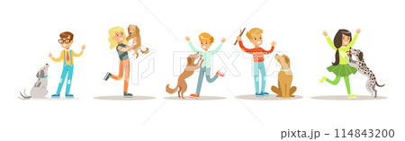Happy Boy and Girl Play with Dog Pet Vector Set Happy Boy and Girl Play with Dog Pet Vector Set 114843200