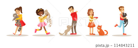 Happy Boy and Girl Play with Cat Pet Vector Set 114843211