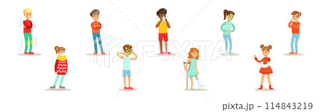 Sick and Unhealthy Boy and Girl Kid Character Feel Unwell Vector Set 114843219