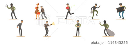 Man Thief or Robber Commits Crime and Robbery Vector Set Man Thief or Robber Commits Crime and Robbery Vector Set 114843226