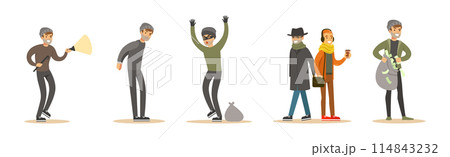 Man Thief or Robber Commits Crime and Robbery Vector Set 114843232