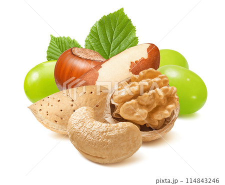 Almond in shell, cashew, brazil nut, walnut, hazelnut and green grapes isolated on white background. Almond in shell, cashew, brazil nut, walnut, hazelnut and green grapes isolated on white background. 114843246