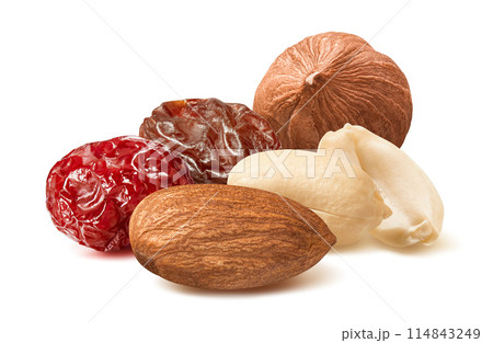 Almond, hazelnut, peanut, raisin and cranberry isolated on white background. Nut and berry mix 114843249