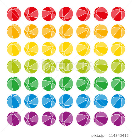 Set of multi colored beach balls. Rainbow colored balls, each color aligned in seven different directions. Spheres in spectrum colors with stripes and white outlines. Isolated illustration. Vector. 114843413
