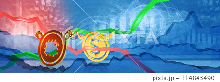 semiconductor price drop in dollar. affordable cost of consumer electronics in united states concept. 3D illustration of bearish microchip market trend due to chip overproduction 114843490