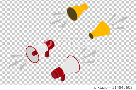 Isometric illustration: megaphones and loudspeakers Isometric illustration: megaphones and loudspeakers 114843602