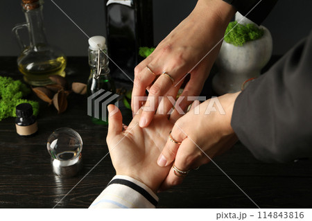 Concept of witchcraft, things for rituals on the table. Concept of witchcraft, things for rituals on the table. 114843816