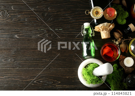 Concept of witchcraft, things for rituals on the table. 114843821