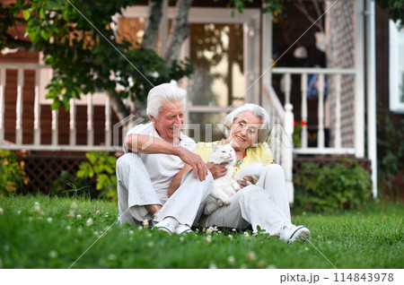 Portrait of a beautiful elderly couple in summer park 114843978