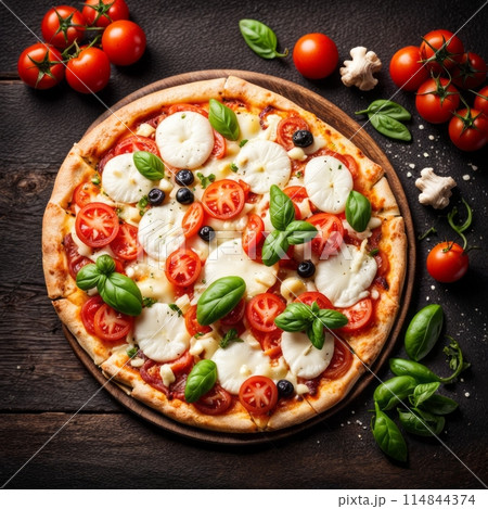 Traditional Italian pizza Margarita with mozzarella and tomatoes dark wooden table 114844374