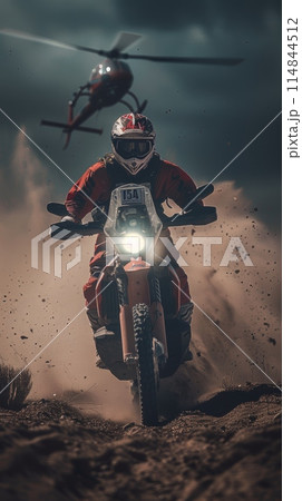 Rider in offroad helmet riding rally bike at desert with sand dunes canyons and dead bushes. Dust and helicopter on sky following bike 114844512