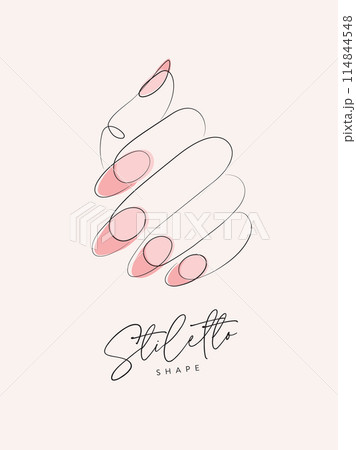 Woman hand with pink color stiletto shape nails beige 114844548