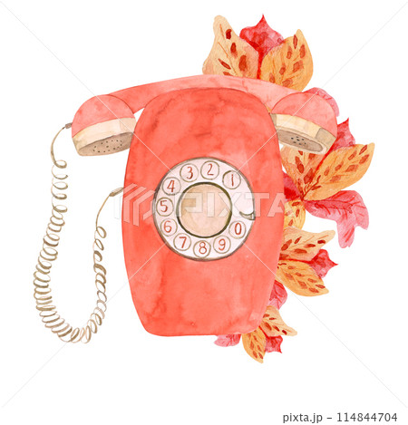 Red vintage telephone with a disk, decorated with alstroemeria flowers. Watercolor composition with retro telephone Red vintage telephone with a disk, decorated with alstroemeria flowers. Watercolor composition with retro telephone 114844704