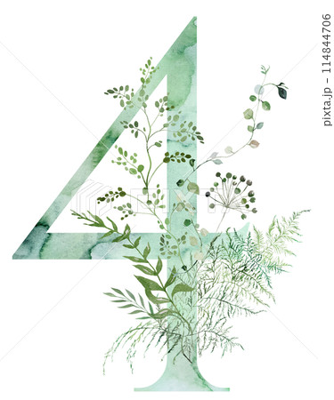 Green number 4 with Watercolor whimsical tender leaves isolated illustration, wedding element 114844706