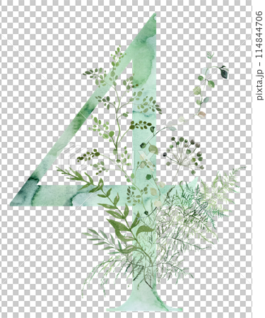 Green number 4 with Watercolor whimsical tender leaves isolated illustration, wedding element 114844706