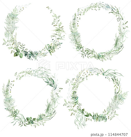 Round frames with Watercolor fragile stems and tiny green leaves, wedding isolated illustration Round frames with Watercolor fragile stems and tiny green leaves, wedding isolated illustration 114844707