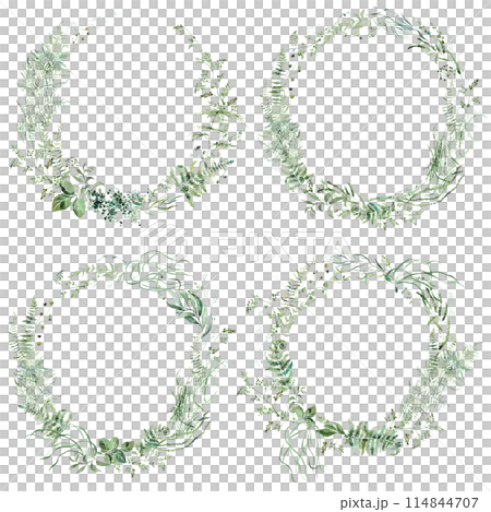 Round frames with Watercolor fragile stems and tiny green leaves, wedding isolated illustration Round frames with Watercolor fragile stems and tiny green leaves, wedding isolated illustration 114844707