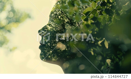 dreamy woman portrait with double exposure forest effect, mindfulness and ecology awareness, people and nature conservation concept, peaceful mind nad imagination 114844727