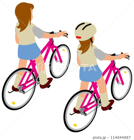 自転車に片足ついてまたがる後ろ姿のJK 114844987