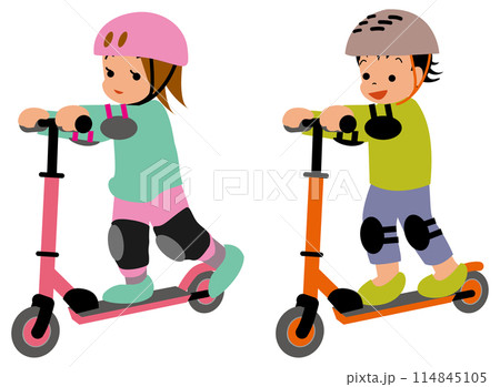 キックスケーターで遊ぶ女の子と男の子・斜 キックスケーターで遊ぶ女の子と男の子・斜 114845105