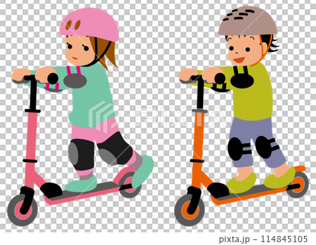 キックスケーターで遊ぶ女の子と男の子・斜 キックスケーターで遊ぶ女の子と男の子・斜 114845105