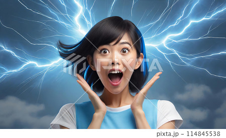 青い稲妻に打たれてショックを受けた女性の表情 現実的なデジタルイラスト 青い稲妻に打たれてショックを受けた女性の表情 現実的なデジタルイラスト 114845538
