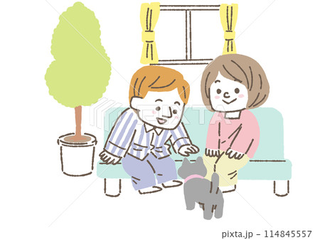 ペットの猫を可愛がっている若い夫婦のイラスト ペットの猫を可愛がっている若い夫婦のイラスト 114845557