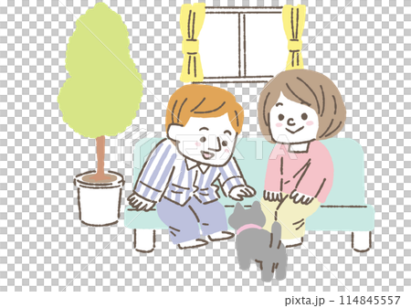 ペットの猫を可愛がっている若い夫婦のイラスト ペットの猫を可愛がっている若い夫婦のイラスト 114845557
