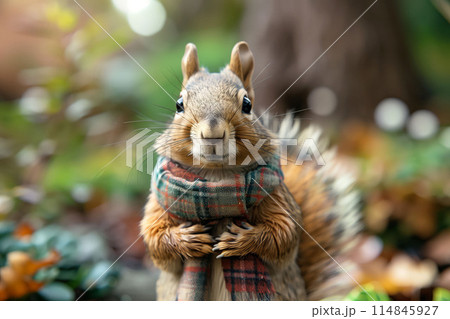 Playful illustration of a squirrel dressed in cozy autumn clothing with detailed 114845927