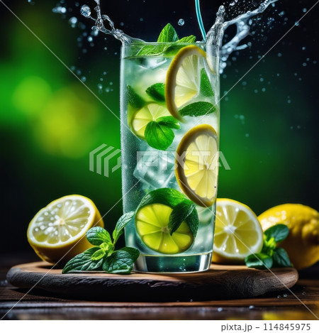 Cold and refreshing infused water with lime, mint and ice in glass. Copyspace 114845975