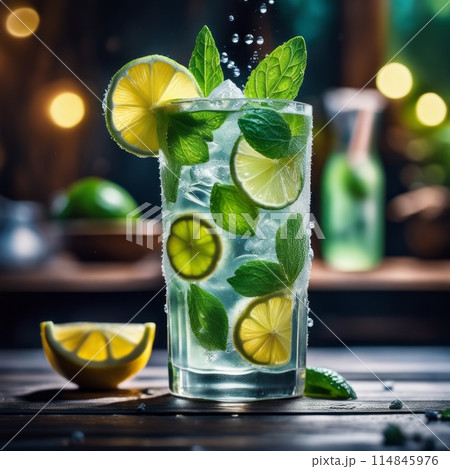 Cold and refreshing infused water with lime, mint and ice in glass. Copyspace Cold and refreshing infused water with lime, mint and ice in glass. Copyspace 114845976
