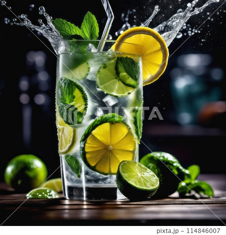 Cold and refreshing infused water with lime, mint and ice in glass. Copyspace 114846007