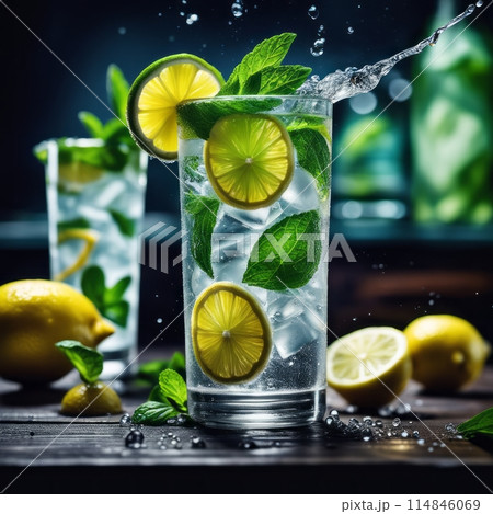 Cold and refreshing infused water with lime, mint and ice in glass. Copyspace 114846069