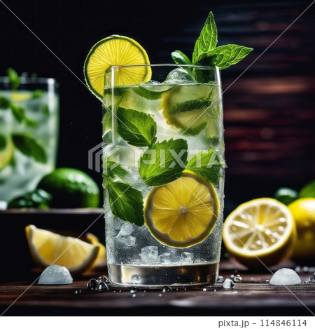 Cold and refreshing infused water with lime, mint and ice in glass. Copyspace 114846114