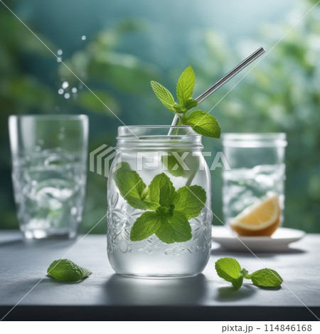 Cold and refreshing infused water with lime, ginger, mint and ice in mason jar. Copyspace Cold and refreshing infused water with lime, ginger, mint and ice in mason jar. Copyspace 114846168