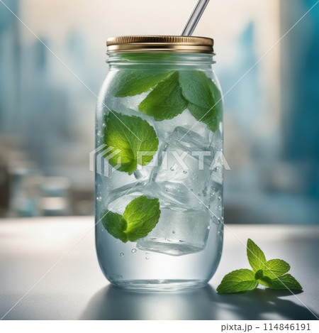 Cold and refreshing infused water with lime, ginger, mint and ice in mason jar. Copyspace 114846191