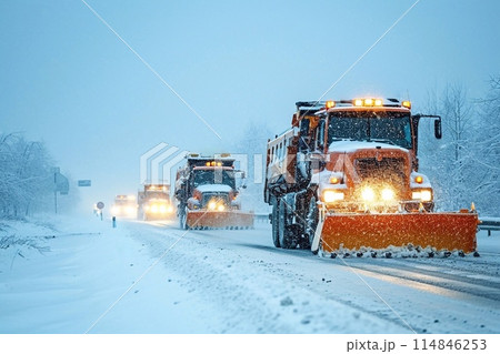 A snowplow on the highway during a heavy snowfall in winter A snowplow on the highway during a heavy snowfall in winter 114846253