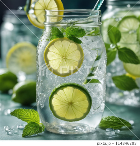 Cold and refreshing detox water with lime, cucumber, mint and ice in glass jar. Copyspace 114846285