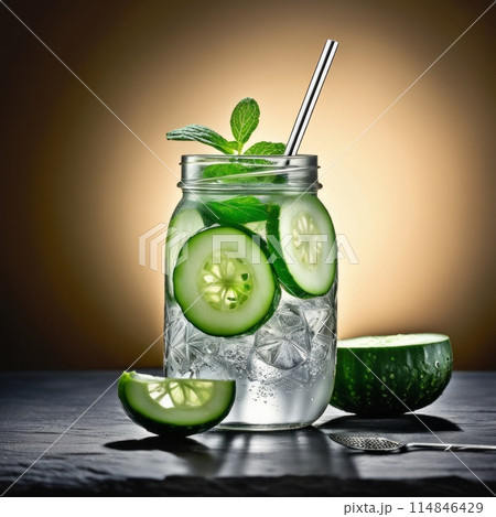 Cold and refreshing detox water with lime, cucumber, mint and ice in glass jar. Copyspace 114846429
