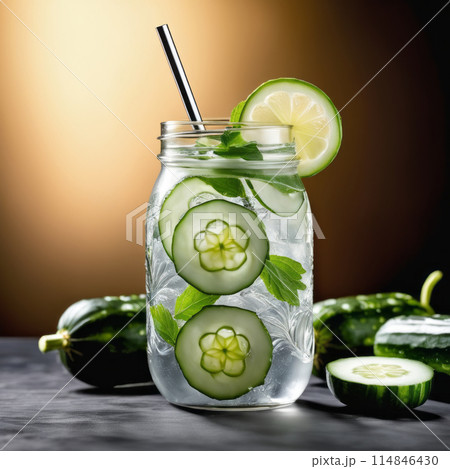Cold and refreshing detox water with lime, cucumber, mint and ice in glass jar. Copyspace 114846430