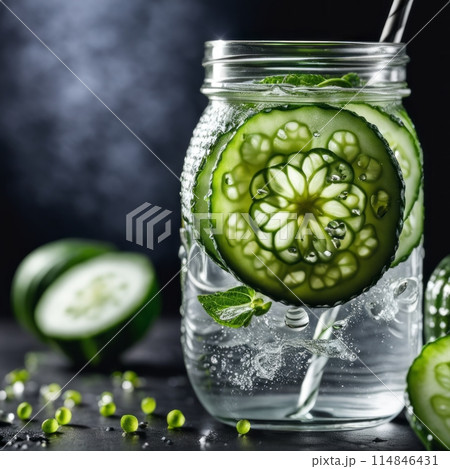 Cold and refreshing detox water with lime, cucumber, mint and ice in glass jar. Copyspace 114846431