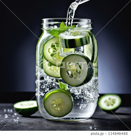 Cold and refreshing detox water with lime, cucumber, mint and ice in glass jar. Copyspace 114846488