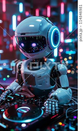 cute robot dj playing techno music at party in nightclub, cyborg techno deejay 114846981